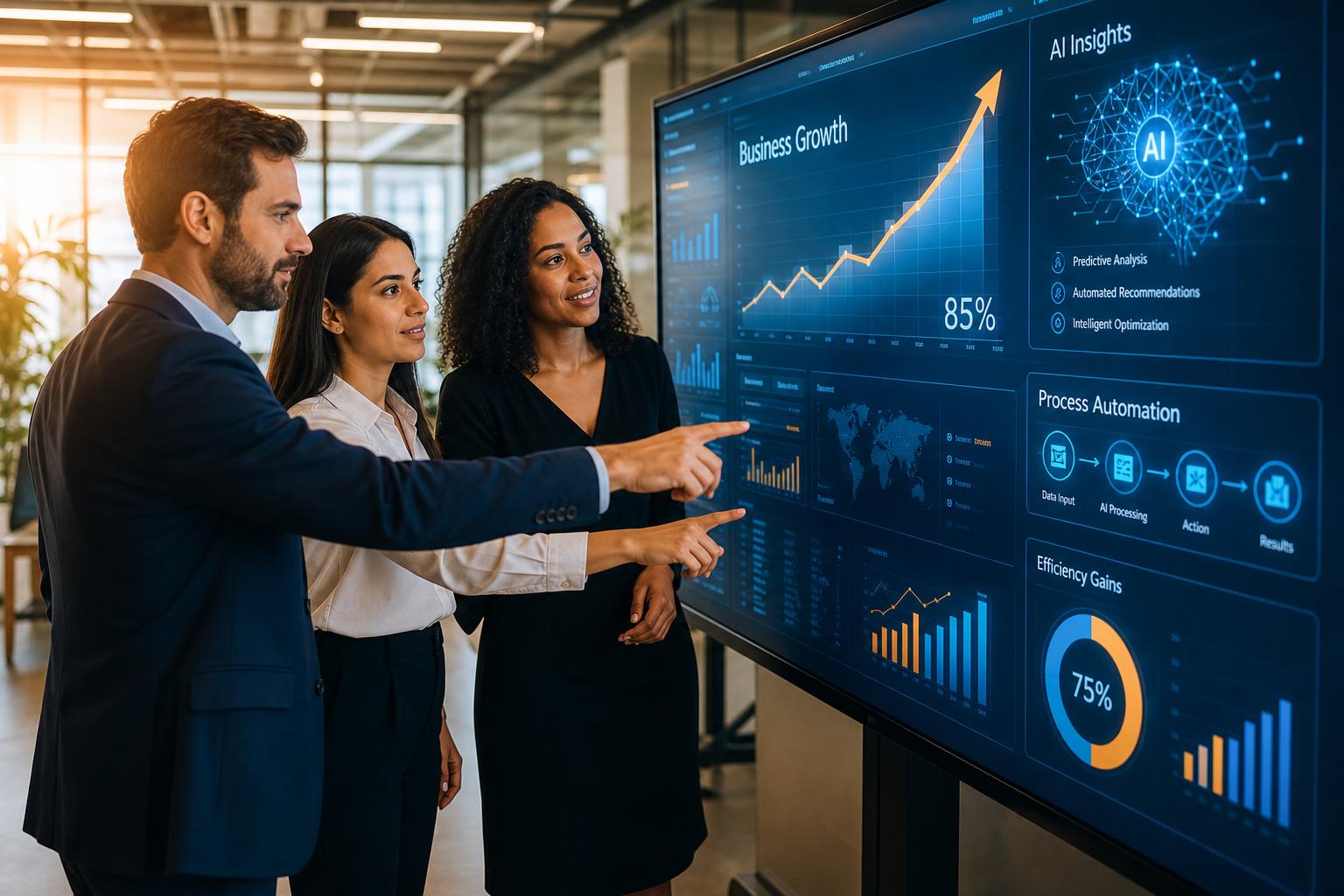 Diverse business professionals collaborating in a modern office with AI technology to boost sales and streamline operations.