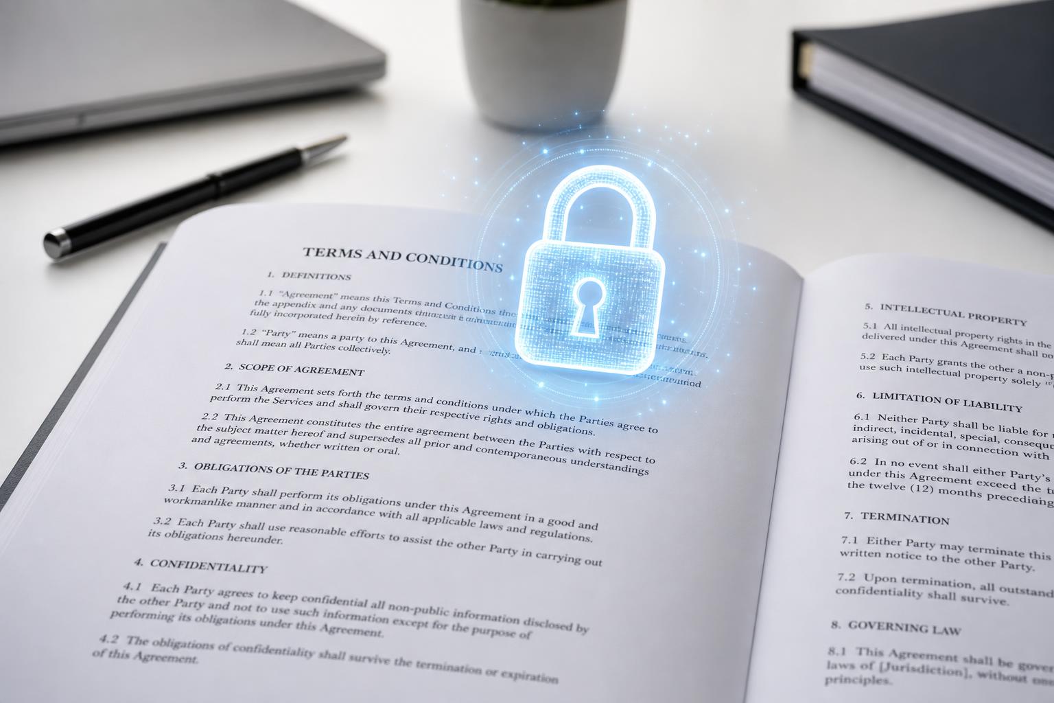 Digital padlock symbol overlaid on legal documents, representing data security and privacy compliance.