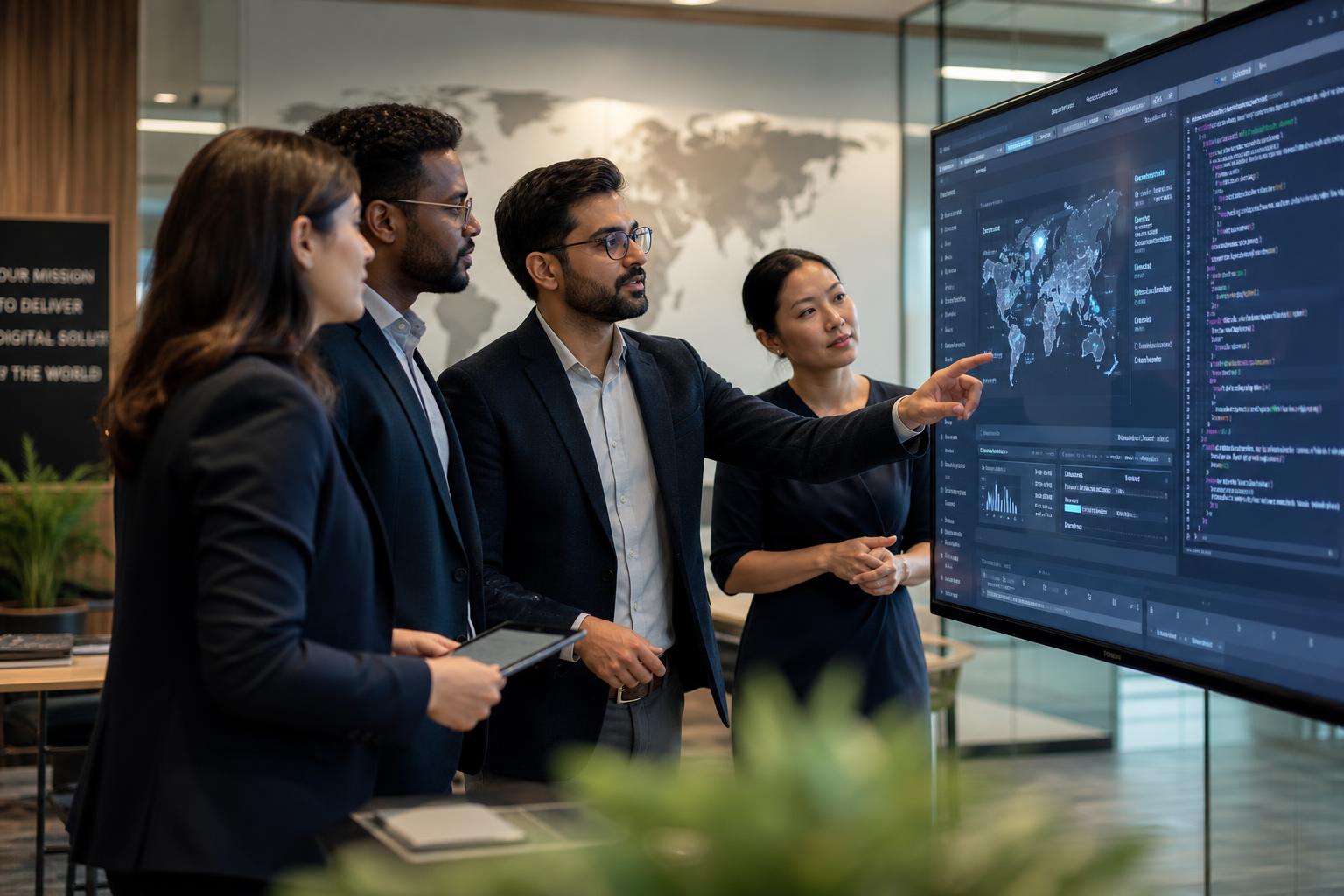 A diverse and experienced technology team collaborating in a modern office, representing global presence and digital innovation.